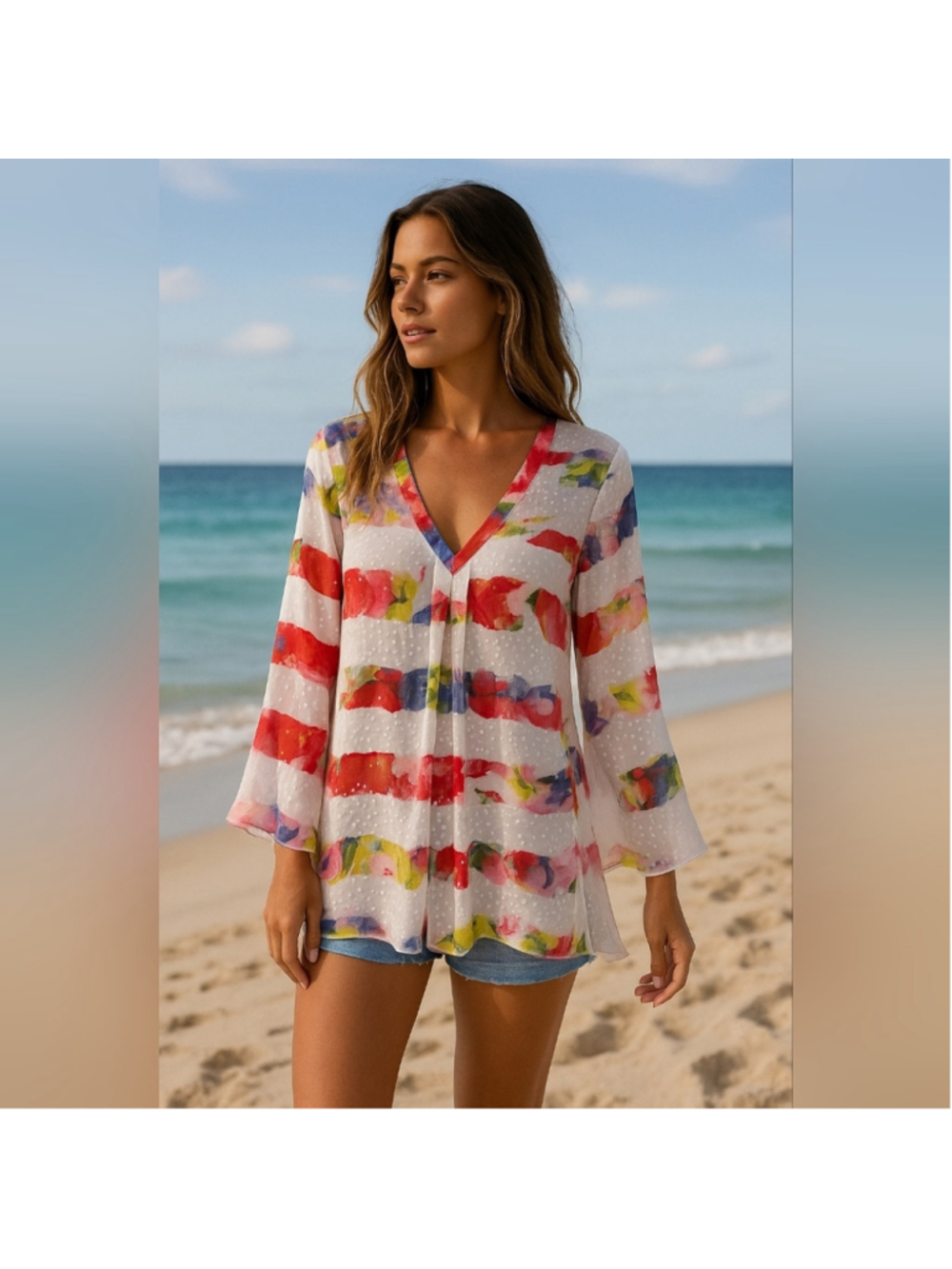 Maryan MEHLHORN Stunning Watercolor Sheer Tunic Top with Sequins – Size M